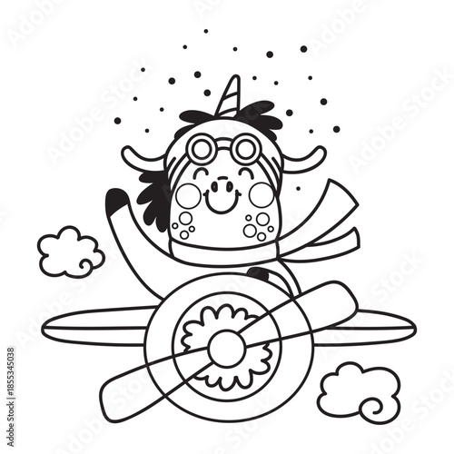 Cute unicorn pilot is flying in an airplane coloring illustration