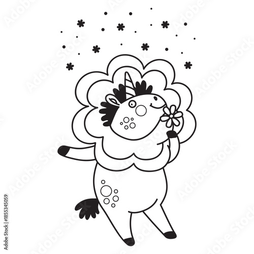 Cute unicorn in a flower costume coloring vector illustration