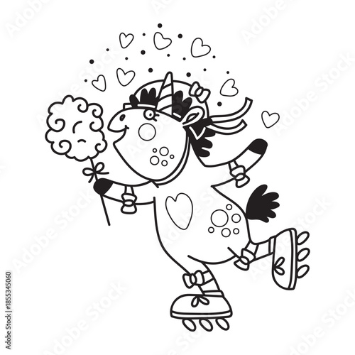 Funny unicorn with a cotton candy coloring vector illustration