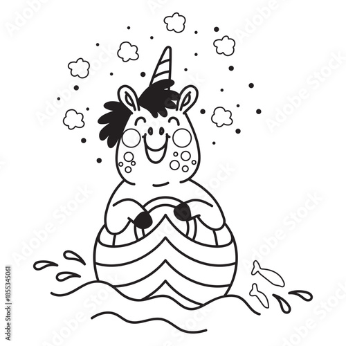 Cute unicorn swimming in a little boat coloring vector illustration