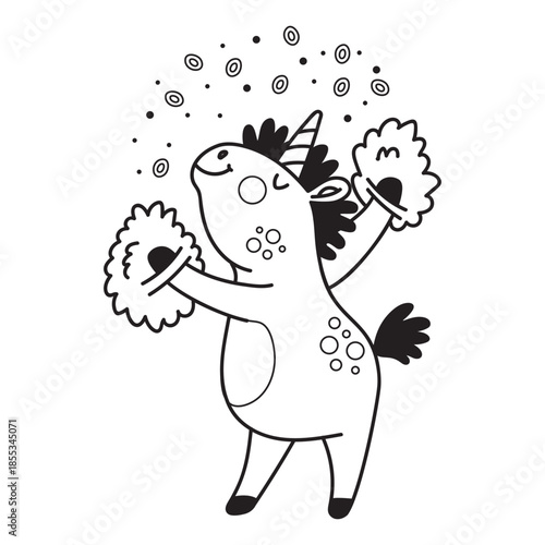 Cute cartoon unicorn cheerleader coloring vector illustration