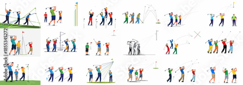 Comprehensive vector illustration set showcasing professional golf swing mechanics, players in action, ball trajectories, and essential golfing elements.
