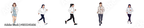 Fitness Woman Flat Characters Performing Light Jogging With Balanced Running Poses