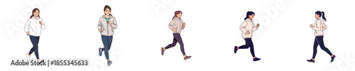Running Woman Flat Characters Showing Active Jogging And Energetic Fitness Poses