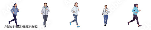 Jogging Woman Flat Characters Showing Casual Running And Healthy Active Poses