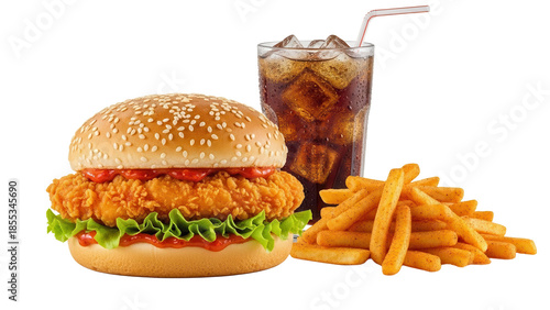 Spicy zinger burger meal with peri peri fries and a cold beverage isolated on white background