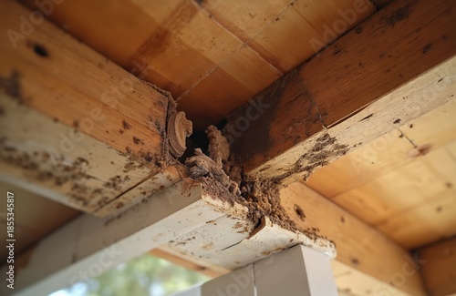 Termite damage to wooden house roof frame. Insects eat structure, causing holes and weakening support. Pest control needed for home preservation. Infestation problem.