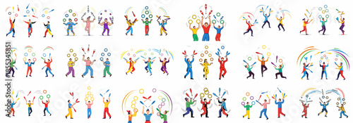 Set of flat vector illustrations depicting various circus performers and entertainers juggling clubs and rings in dynamic poses and colorful costumes.