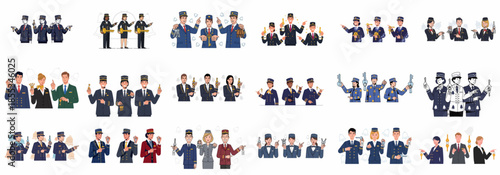 A collection of bellhop, concierge, and hotel staff illustrations holding room keys, pointing, and providing hospitality service concepts.