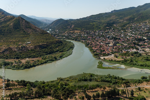 Принти на полотні Panoramatic view of Mtskheta city, Georgia, river confluence