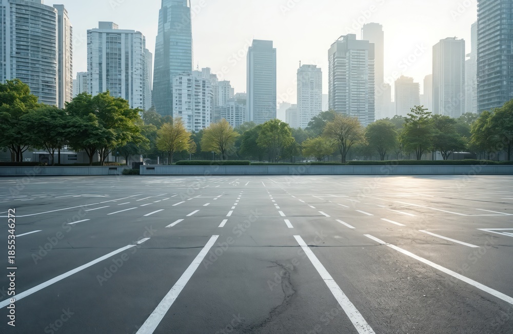 Fototapeta premium Vast empty outdoor asphalt parking lot with white lines. City buildings and green trees form background. Area for many vehicles in urban setting. No cars present.