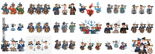Large Collection of Diverse Cartoon Ship Captains and Sailors Steering the Helm and Navigating with Monoculars, Vector Illustration Set.
