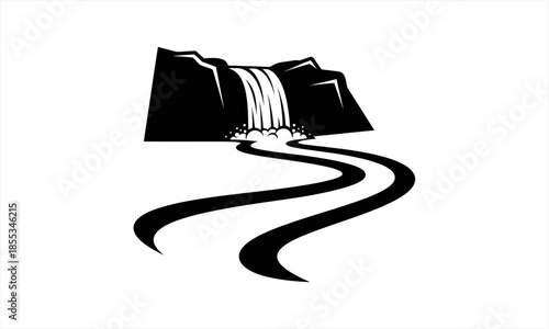 Monochromatic Waterfall and River Flowing from Rocky Cliff.