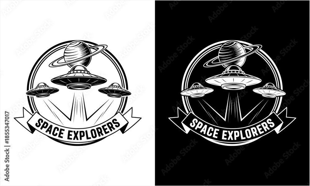 Fototapeta premium Vintage Space Explorers Emblem with Flying Saucers and Saturn.