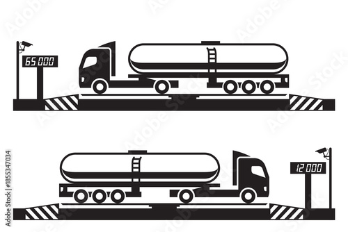 Tanker truck at weighbridge scale – vector illustration