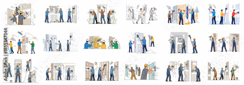 Vector illustrations of professional workers plastering, sanding, and finishing interior walls during construction and home repair projects.