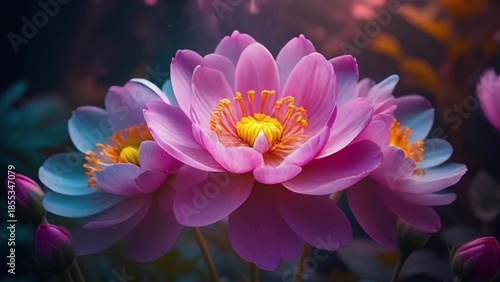 Vibrant pink lotus flowers in full bloom with yellow centers
