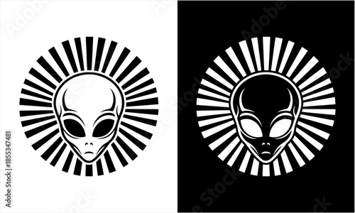 Alien head with radiating lines in a circular emblem design.