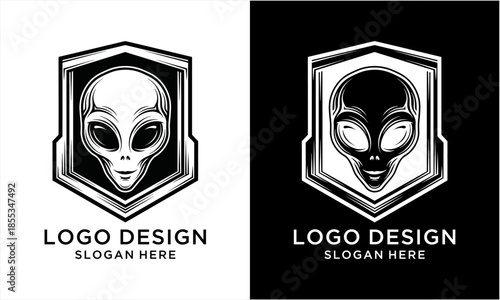 Alien Head Logo Design with Shield Emblem in Black and White.