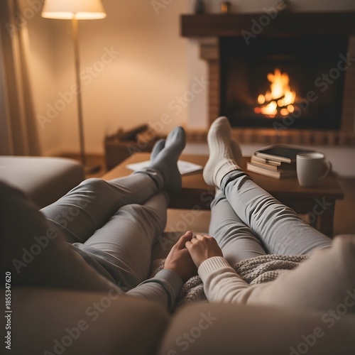 Couple Relaxing by Fireplace in Cozy Winter Evening.