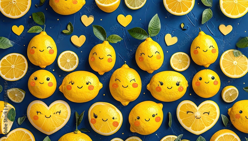 Fototapeta premium Cute Cartoon Lemons And Hearts In Vibrant Yellow And Blue Pattern With Pixel Art Elements And Green Leaves In Overhead View