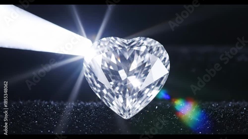 A heart-shaped diamond is being illuminated by a beam of light on a dark surface