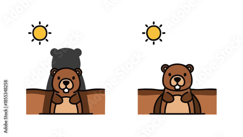 Groundhog appearing from burrow with sun, representing Groundhog Day  