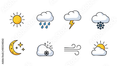 Weather prediction symbols depicting sun, rain, snow, and clouds  