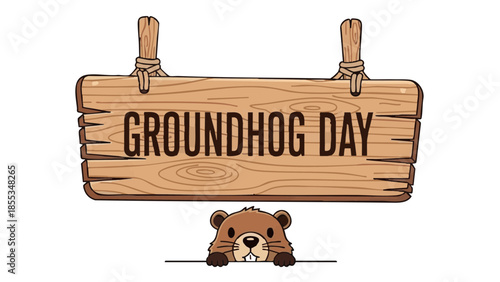 Groundhog Day wooden sign with cartoon groundhog peeking out  