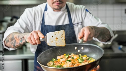 Chef flambeing vegetables and shrimp in a pan, close-up, professional cooking