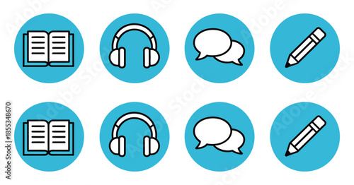 Blue modern education and communication icon set with ranked visual titles for reading, listening, speaking, and writing abilities