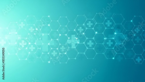 Abstract Medical Technology Background with Hexagonal Patterns and Cross Symbols in Digital Healthcare Design