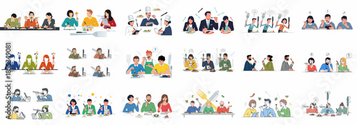 Set of vector illustrations depicting people evaluating, tasting, and reviewing food, representing professional food critics and culinary judges.