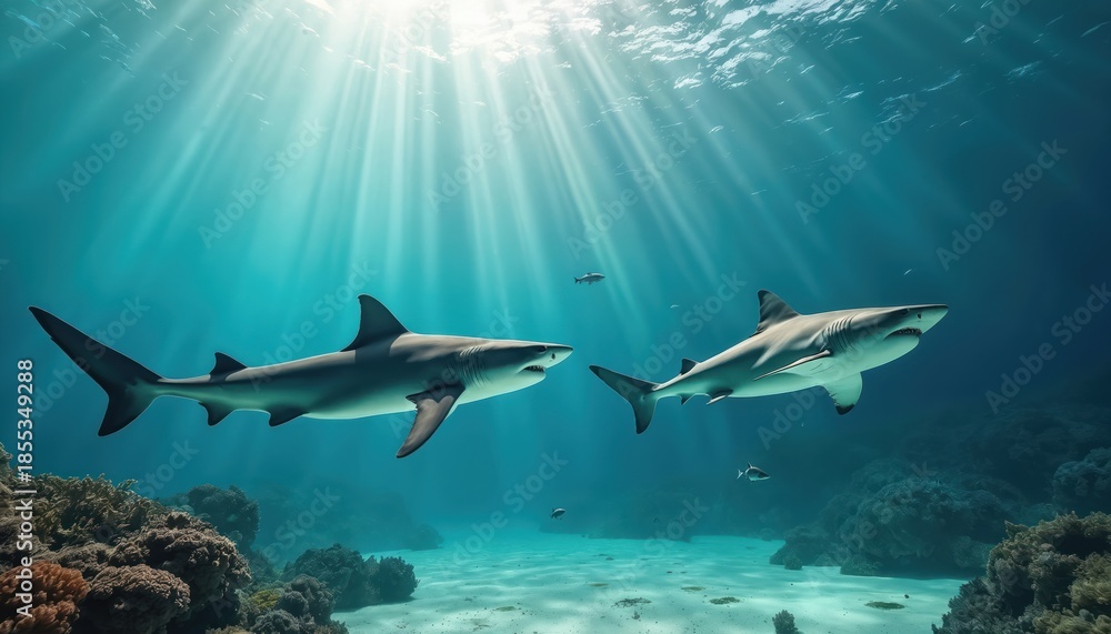 Fototapeta premium Two large sharks swim in clear blue ocean water near coral reef. Sun rays pierce the sea surface creating dramatic light beams. Small fish school swims past.