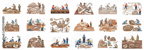 Paleontology illustrations set: Scientists and archaeologists excavating and studying dinosaur skeletons and fossils in dig sites for prehistoric research.