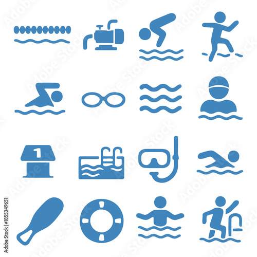 Swimming and Water Recreation Icons: A collection of diverse, minimalist icons capturing the essence of aquatic activities and the joy of swimming.