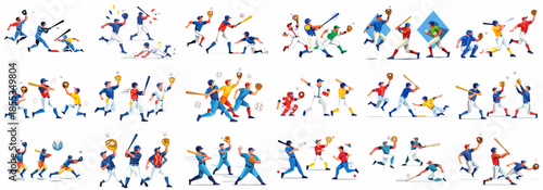 Dynamic collection of geometric flat design baseball players illustrations, showcasing batting, running, catching, pitching, and sliding actions in multiple poses on white.