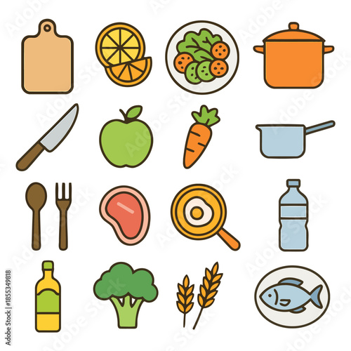 Culinary Symphony of Freshness: A vibrant and diverse arrangement of food icons, celebrating the essence of cooking, nutrition, and the art of culinary creation. 
