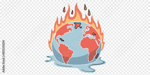 Melting Earth Globe with Flames Illustration, global warming climate change concept