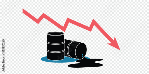 Falling Oil Prices with Downward Arrow and Barrels Illustration, oil market downturn concept