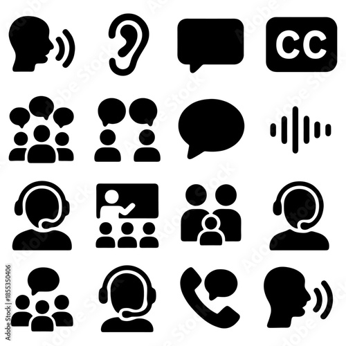 Communication Symbols: Illustrating clear visual cues in an array of essential communication symbols, from vocalization, listening, and dialogue to captions, seminars, and customer service. 
