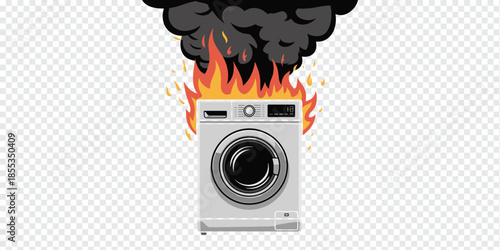 Burning Washing Machine with Smoke and Flames Illustration, appliance failure concept