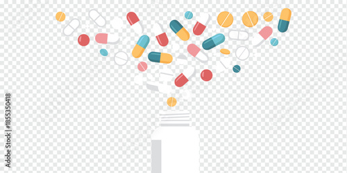 Pharmaceutical Pills and Capsules Rising from Bottle Illustration, healthcare medicine concept