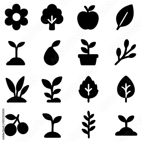 Blooming Icons: A collection of meticulously crafted, elegant icons representing the diverse beauty and vital components of flora, from delicate blooms to luscious fruits and burgeoning sprouts.