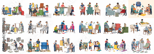 Skilled upholsterers working diligently on various chairs, using tools and colorful fabrics for furniture restoration and renovation projects.