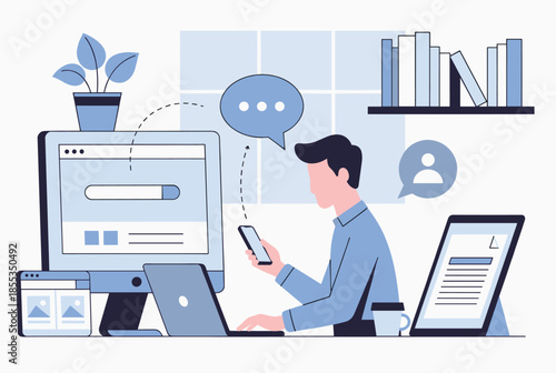 Man Engaged in Online Work with Laptop, Smartphone, and Digital Tools