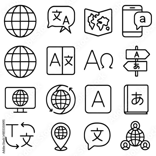 World Language Icons: A collection of concise line art icons representing universal language communication, travel navigation, digital translation, and global understanding. 