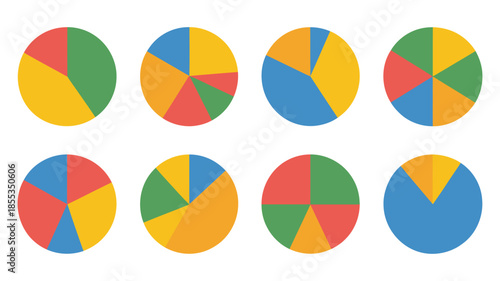 Colorful pie charts and infographic vector collection, featuring statistical graphs for data presentation, business analytics