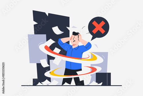 Stressed Man Overwhelmed by Tasks, Failures, and Documents