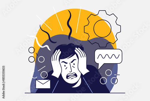 Illustration of a Man Feeling Overwhelmed and Stressed with Many Thoughts